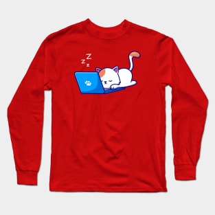 Cute Cat Sleeping And Working On Laptop Long Sleeve T-Shirt